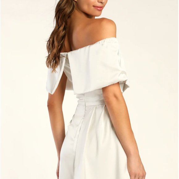 NWT Lulus Always Celebrating Ivory Satin Off-the-Shoulder Mini Dress - Picture 2 of 7